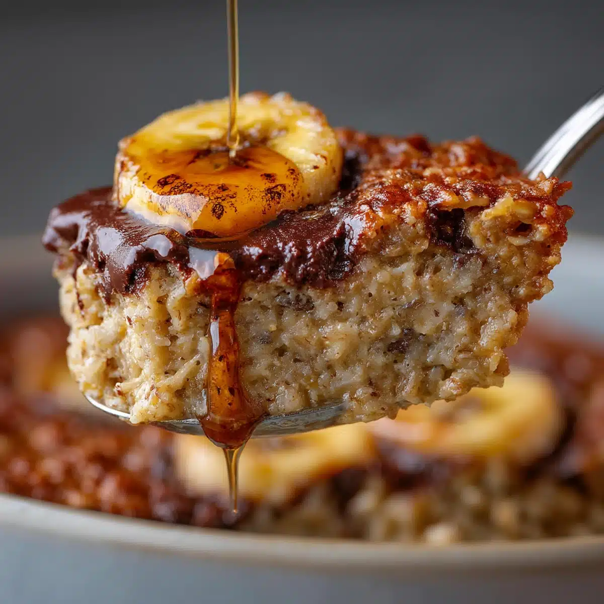 Close-up texture of banana chocolate chip baked oatmeal showing melted chocolate and tender oats