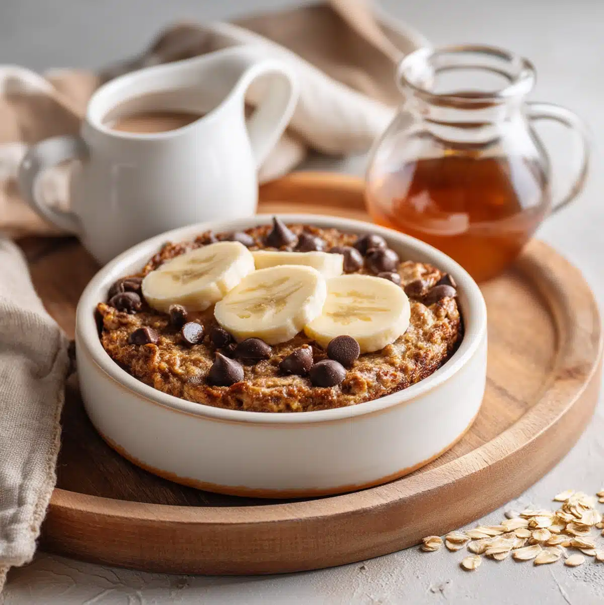 Banana chocolate chip baked oatmeal squares served on plates with yogurt and berries