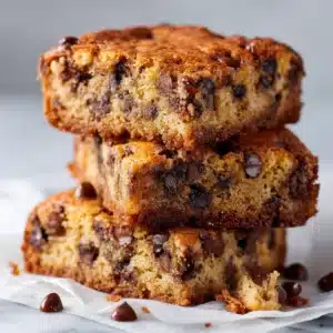 banana chocolate chip bars hero shot 45 degree angle on bright table
