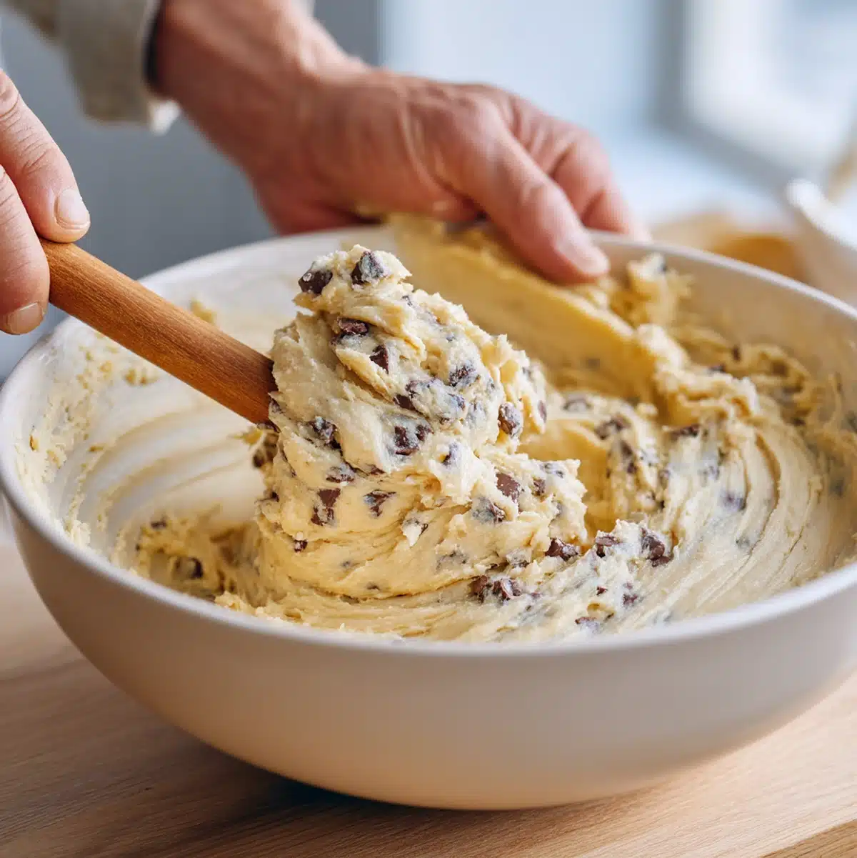 Hands mashing speckled ripe bananas with a fork on a white dinner plate