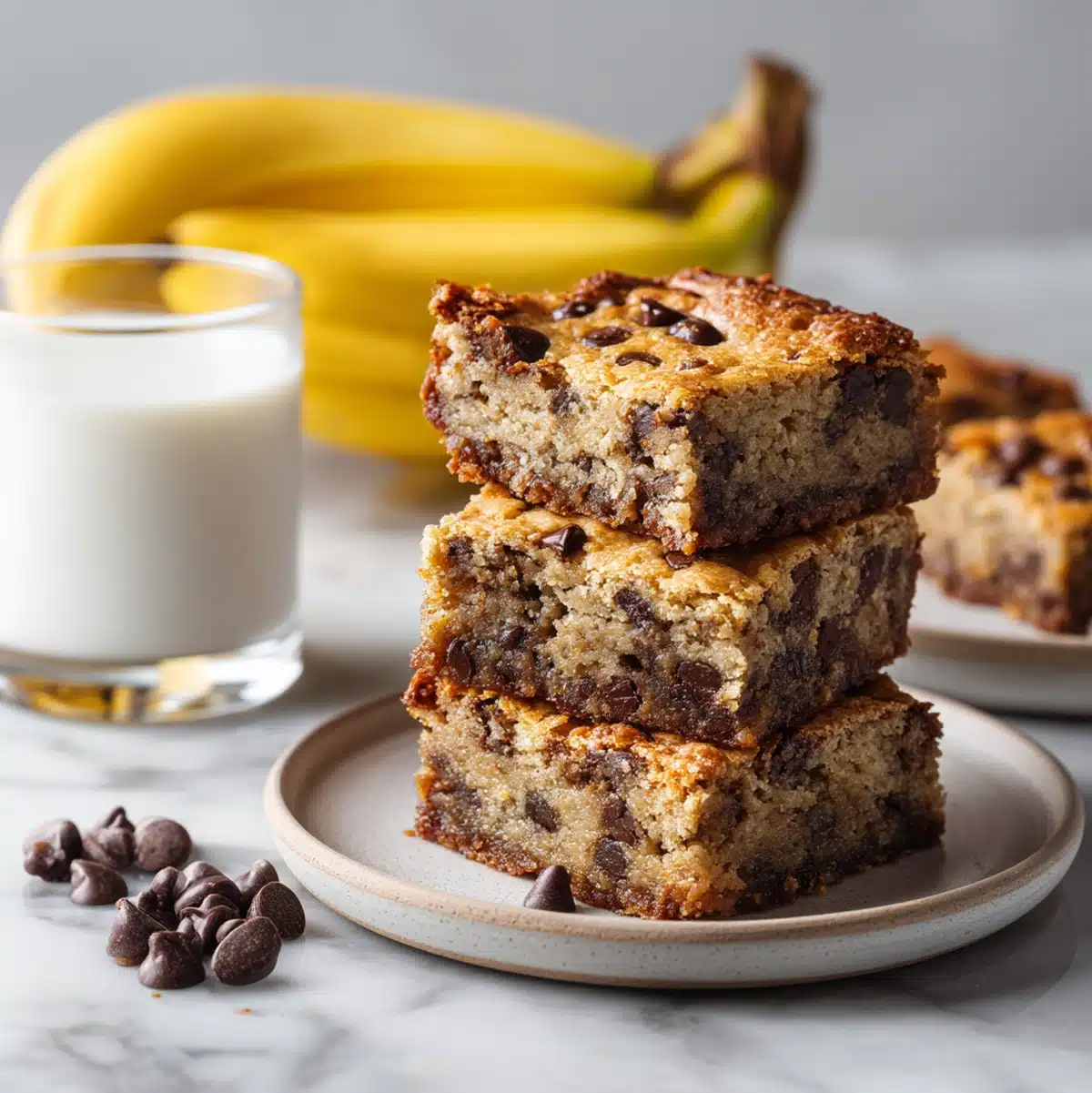 banana chocolate chip bars served on a wooden board with coffee