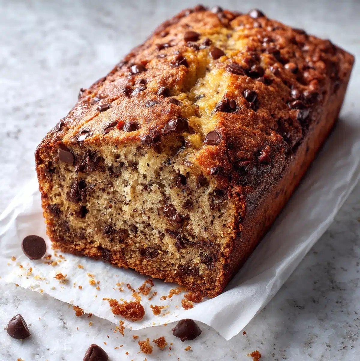 banana chocolate chip bread hero shot 45 degree angle on bright table