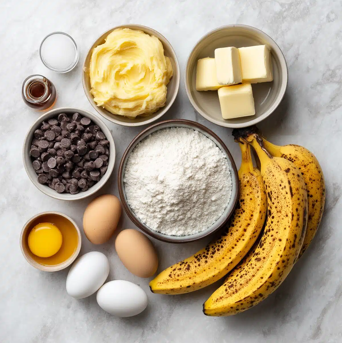 banana chocolate chip bread ingredients flat-lay including overripe bananas, flour, butter, eggs, and chocolate chips