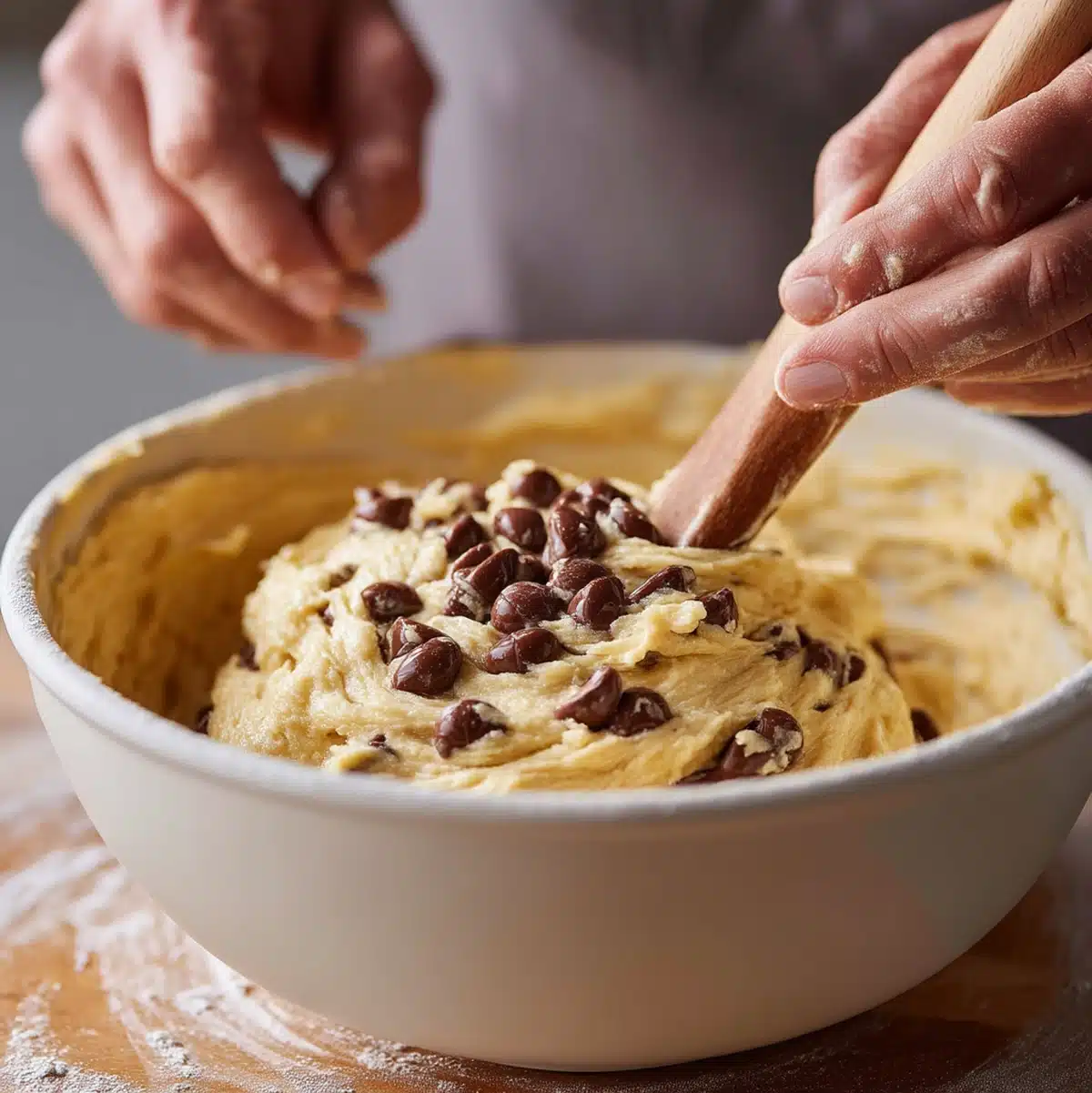 hands mashing overripe bananas into a bowl for banana chocolate chip bread batter