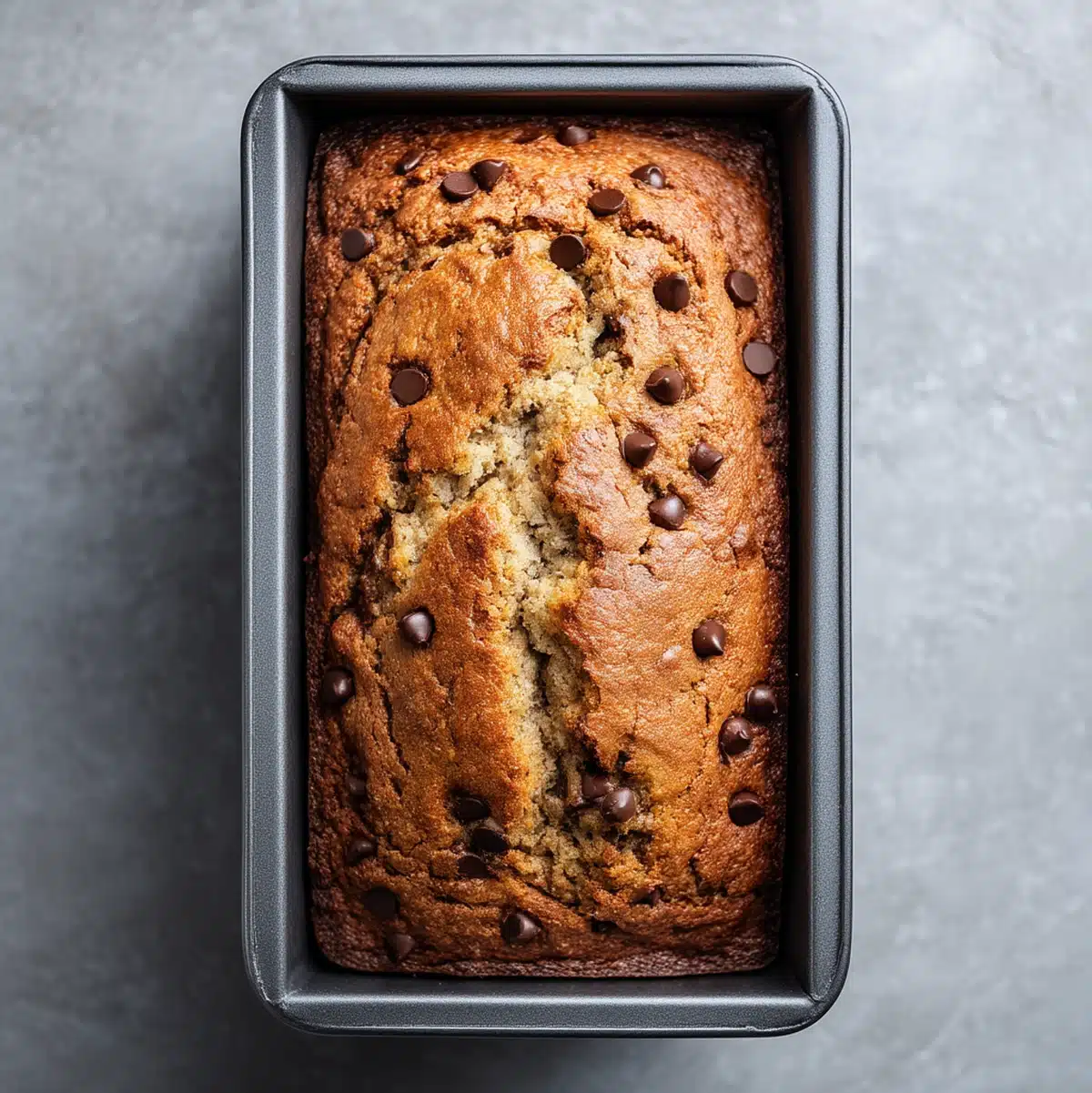 banana chocolate chip bread in loaf pan halfway through baking showing rise and golden top