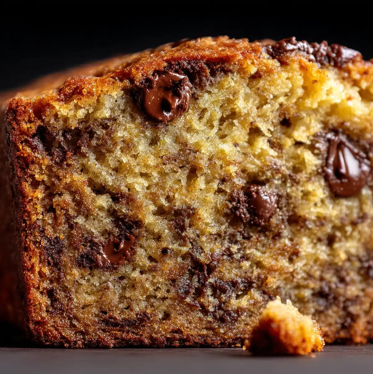 close-up cross-section of banana chocolate chip bread showing moist crumb and melted chocolate chips