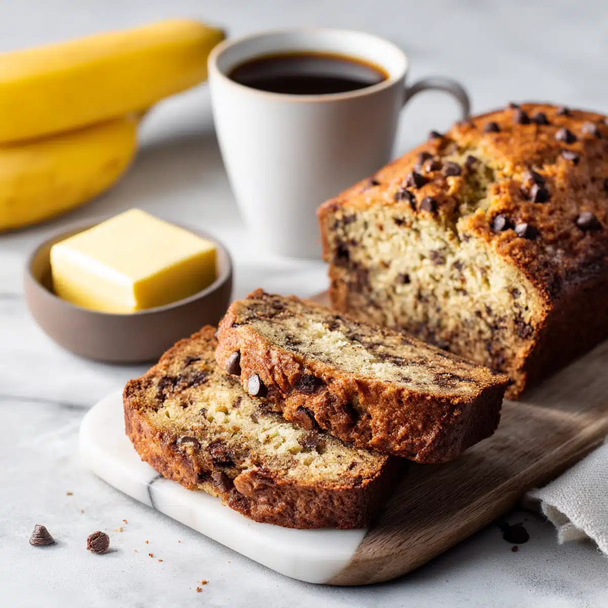 banana chocolate chip bread sliced and served on a wooden board with coffee and fruit
