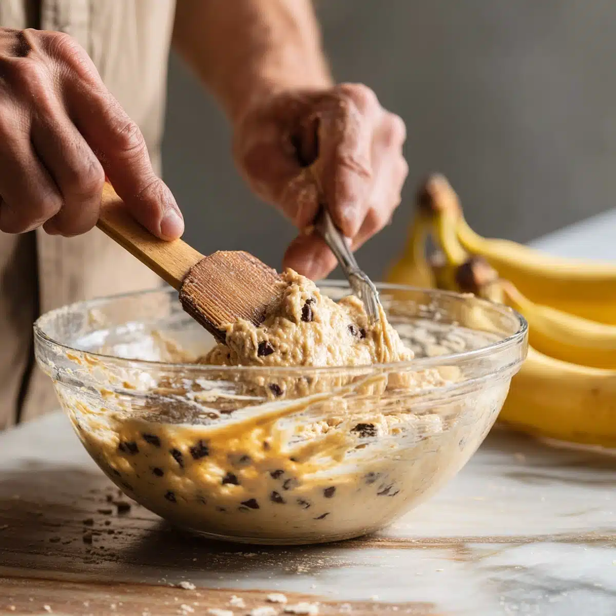 Hands mashing ripe bananas with a fork for banana chocolate chip cake batter