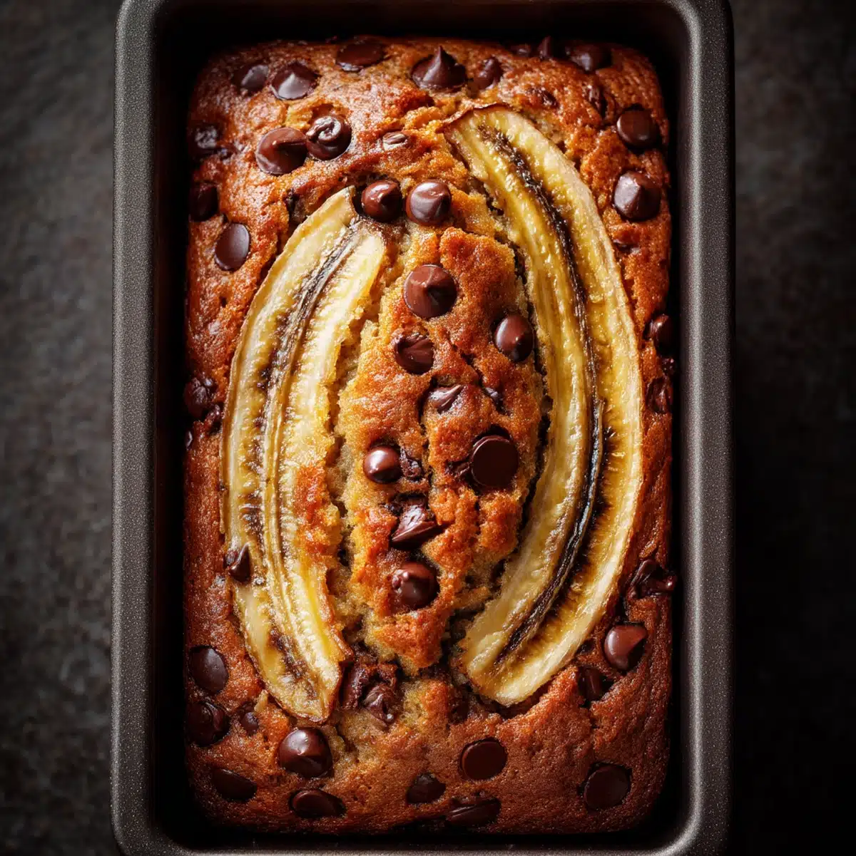 Banana chocolate chip cake batter in loaf pan ready for the oven