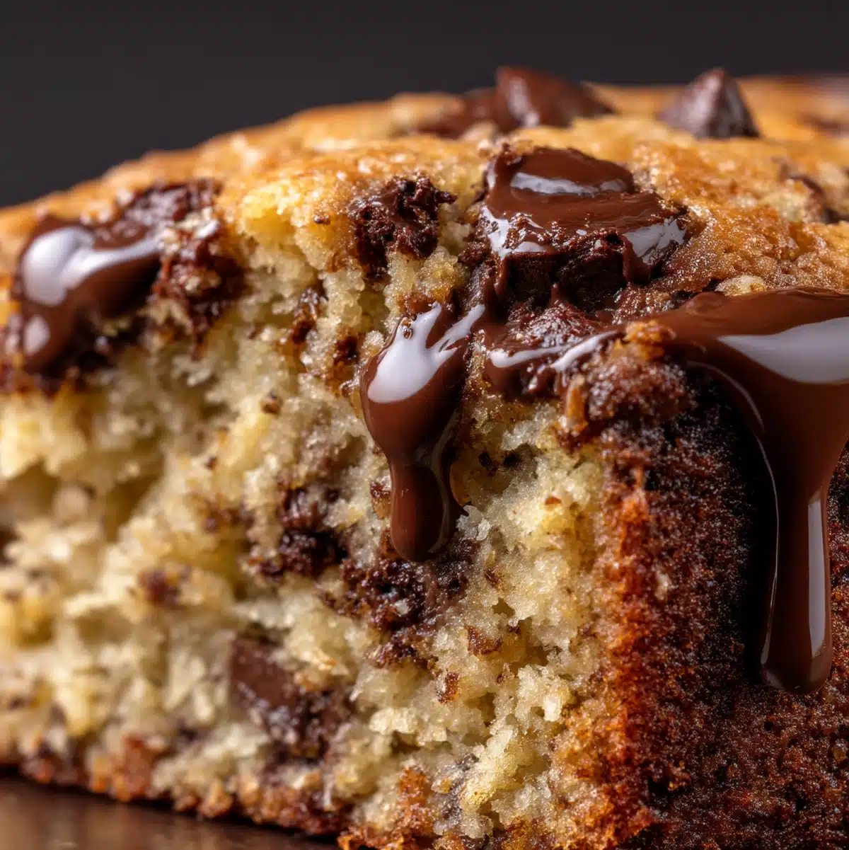 Close-up of banana chocolate chip cake crumb showing melted chips and moist texture