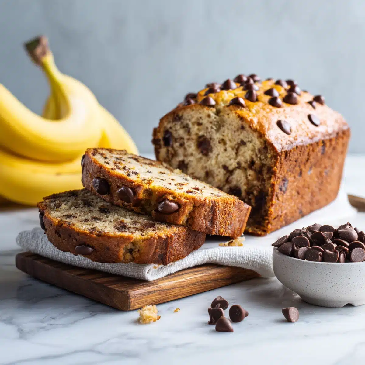 Sliced banana chocolate chip cake on a wooden board with coffee for serving
