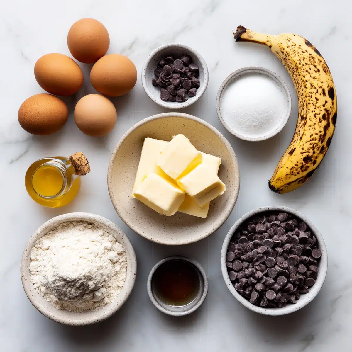 Ingredients flat-lay for banana chocolate chip cookies