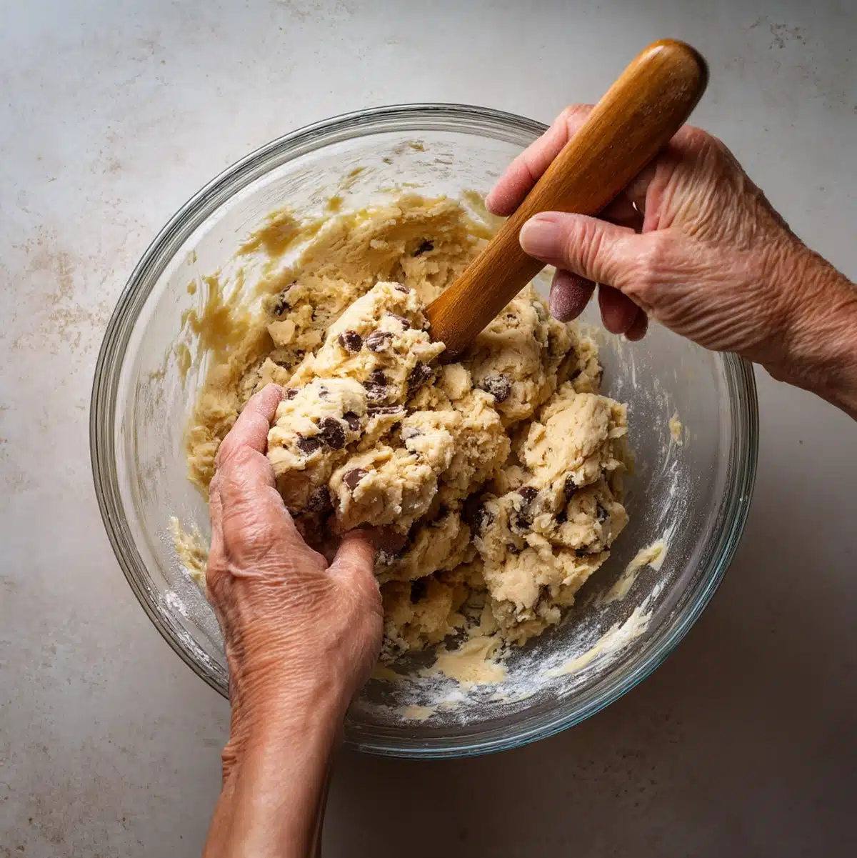 Hands mashing ripe banana for banana chocolate chip cookies dough