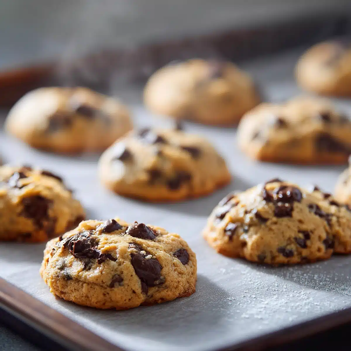 Banana chocolate chip cookies baking and puffing in oven