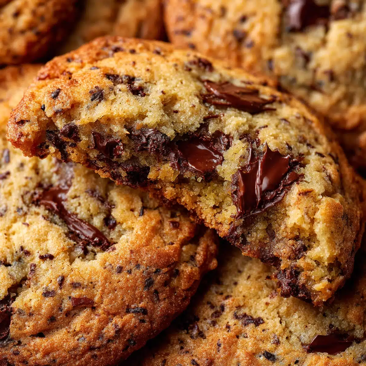 Close-up of soft cake-like banana chocolate chip cookies with melted chips