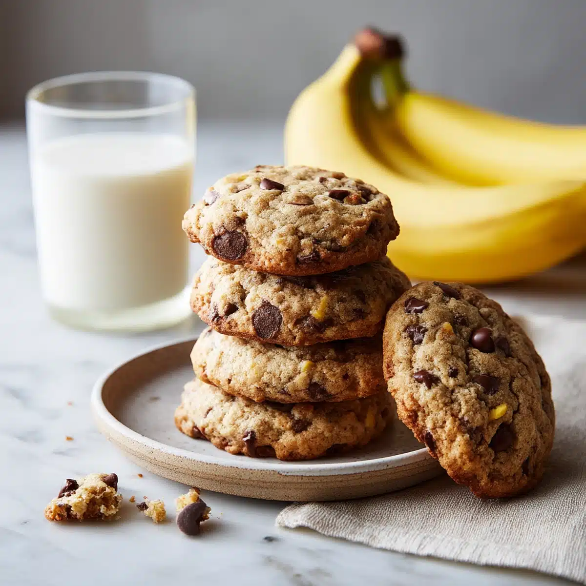 Banana chocolate chip cookies served on a plate with coffee