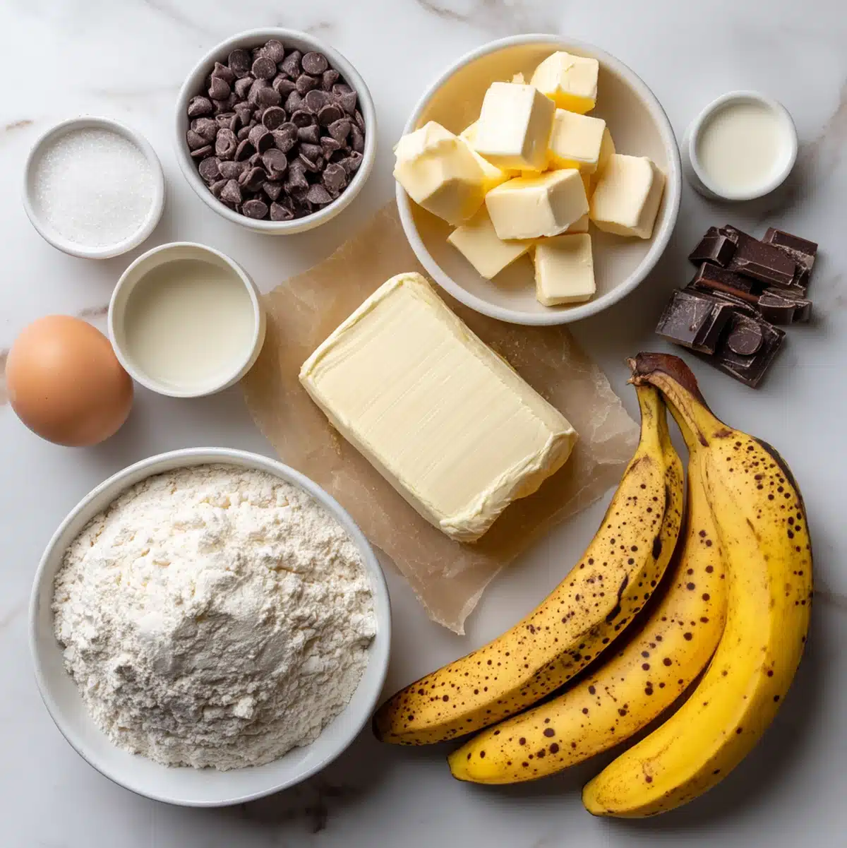 banana chocolate chip cream cheese muffins ingredients flat lay