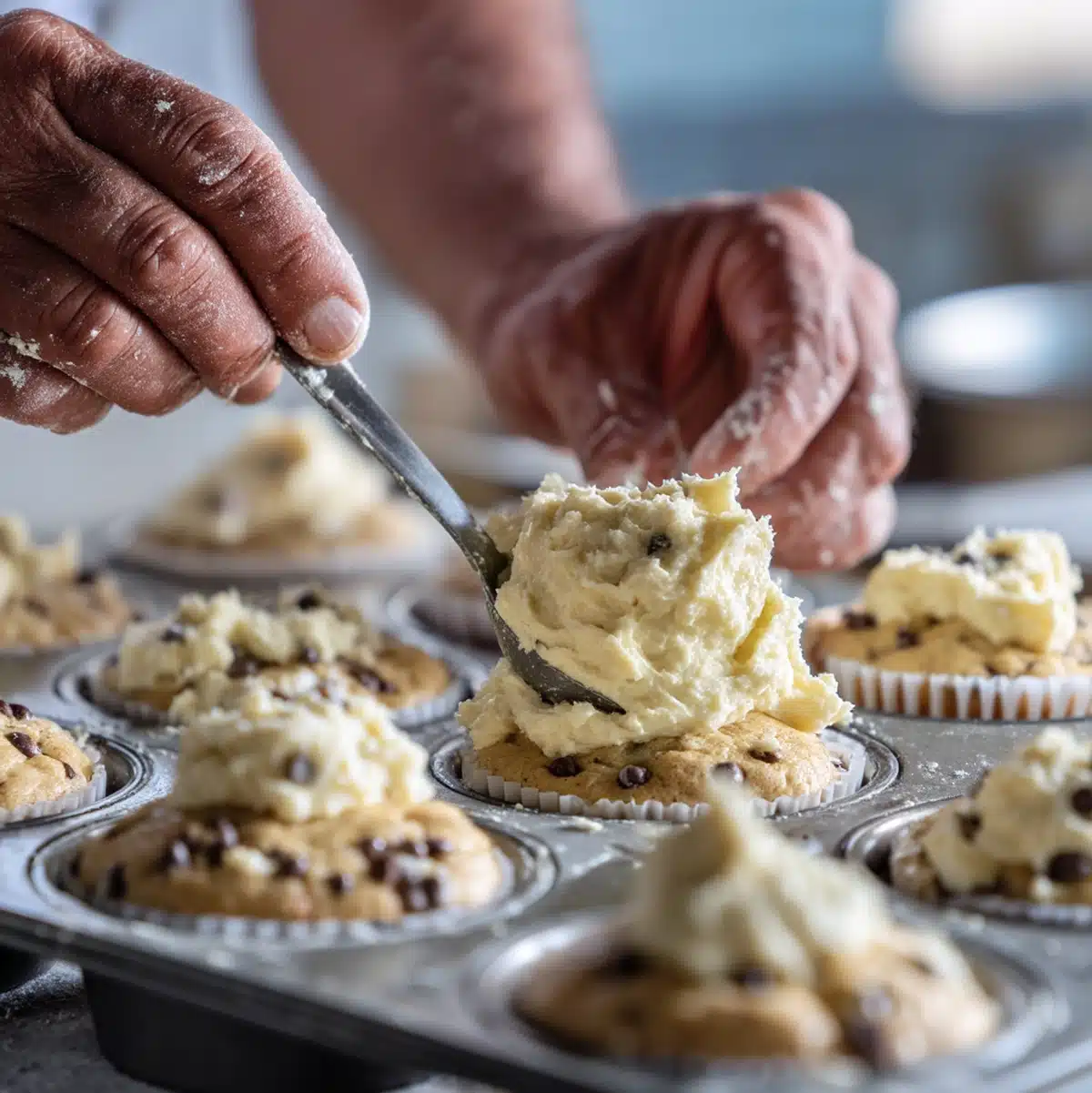 hands swirling cream cheese into banana chocolate chip cream cheese muffins batter