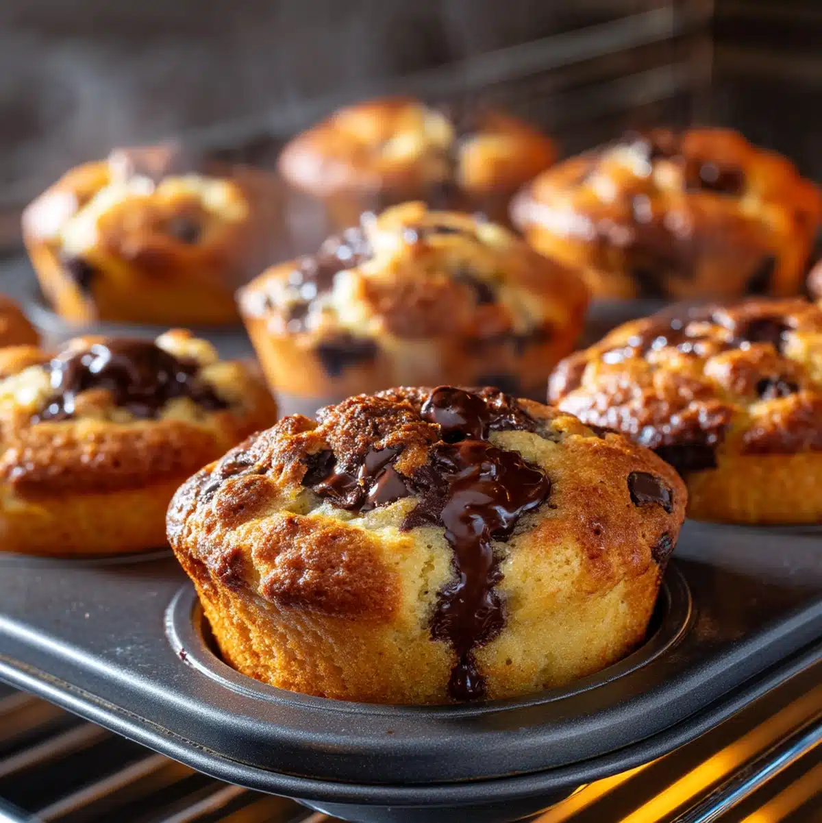 baked banana chocolate chip cream cheese muffins cooling on rack