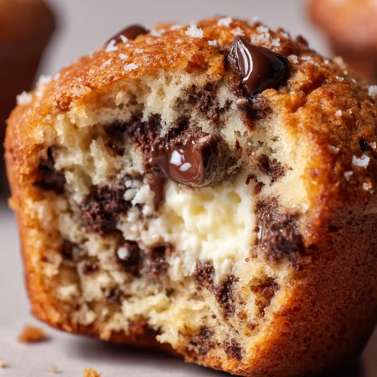 close up of banana chocolate chip cream cheese muffin texture - banana chocolate chip cream cheese muffins