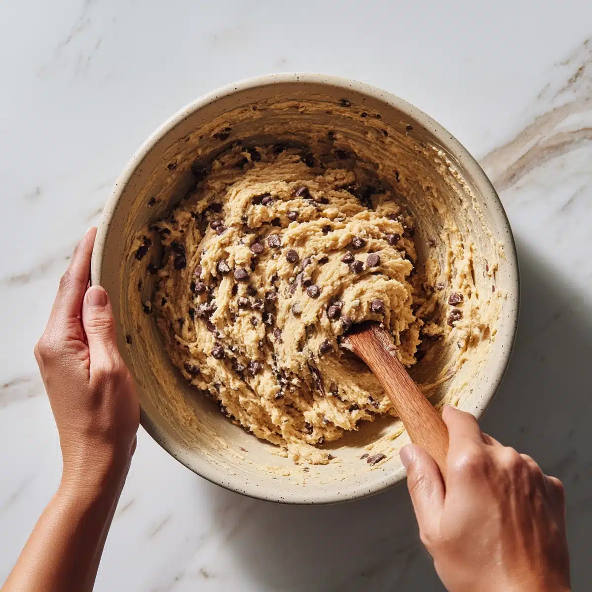 hands mashing ripe banana into a bowl while preparing banana chocolate chip muffin batter