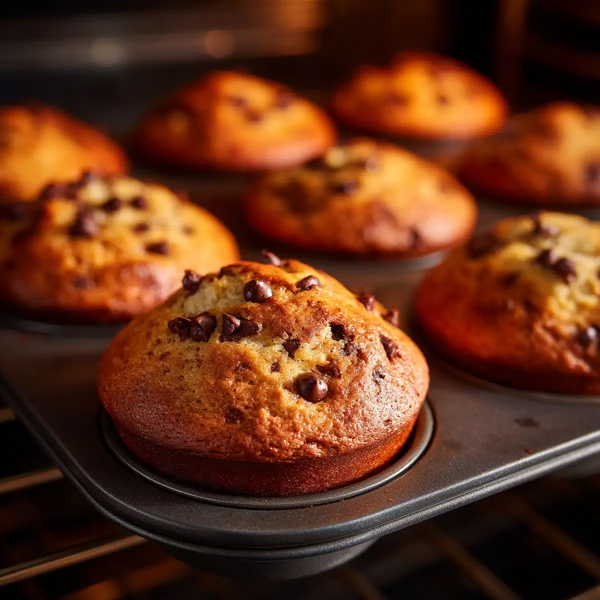 banana chocolate chip muffins rising in a muffin tin inside a hot oven, showing baking transformation