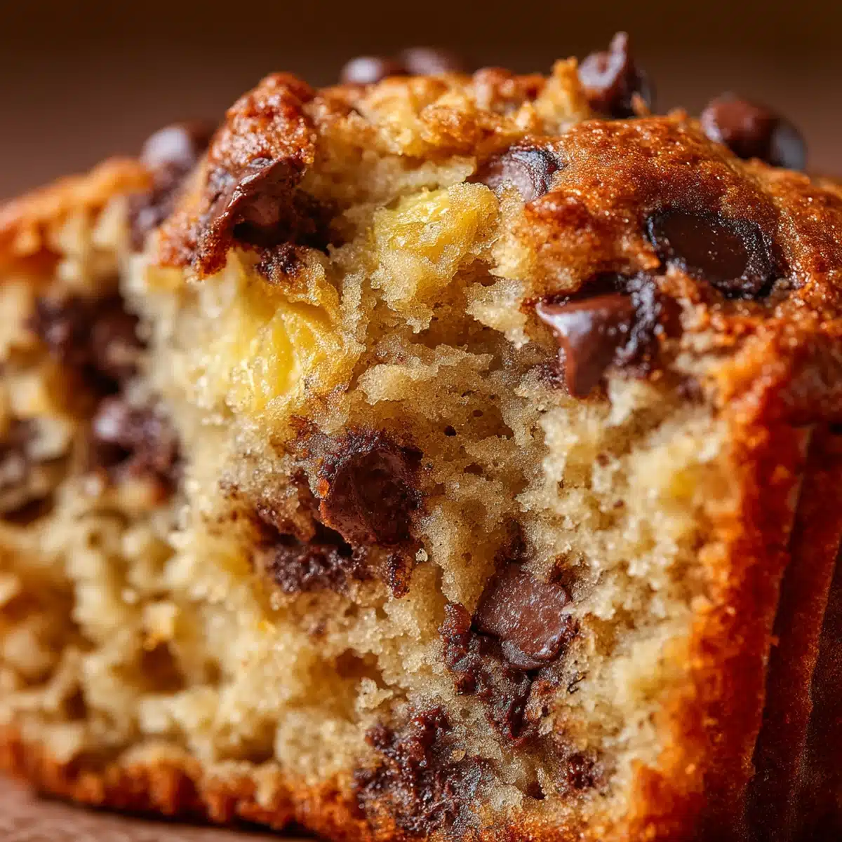 close-up of banana chocolate chip muffin crumb texture showing chocolate chips and banana bits
