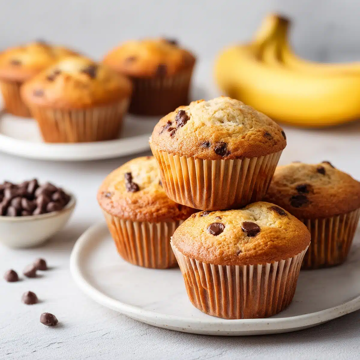 banana chocolate chip muffins served on a wooden board with coffee and fresh banana slices for breakfast