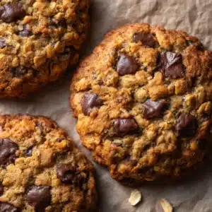 banana chocolate chip oatmeal cookies hero shot 45 degree angle on bright table