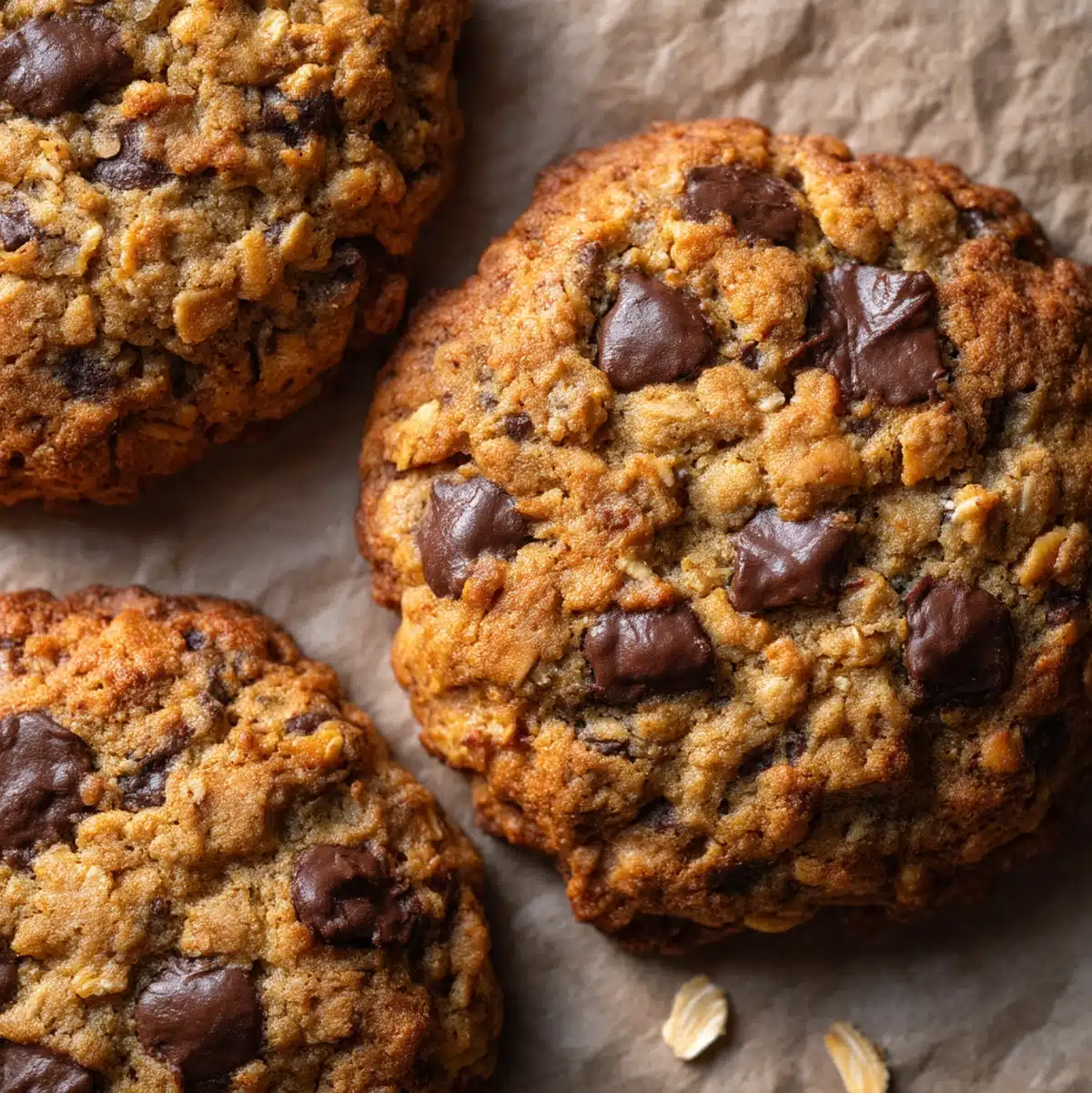 banana chocolate chip oatmeal cookies hero shot 45 degree angle on bright table