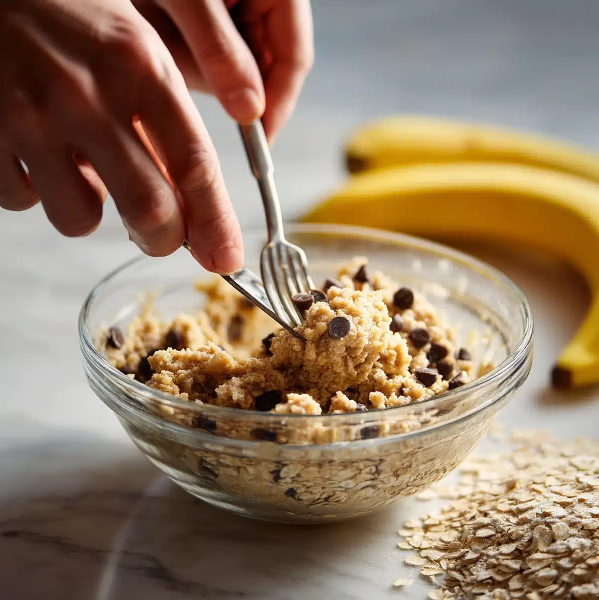Hands mashing ripe bananas in a bowl for banana chocolate chip oatmeal cookies