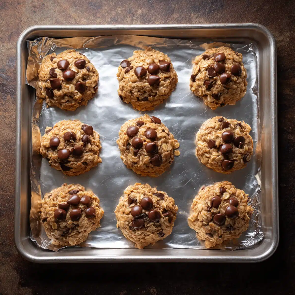 Banana chocolate chip oatmeal cookies baking on a parchment-lined sheet pan
