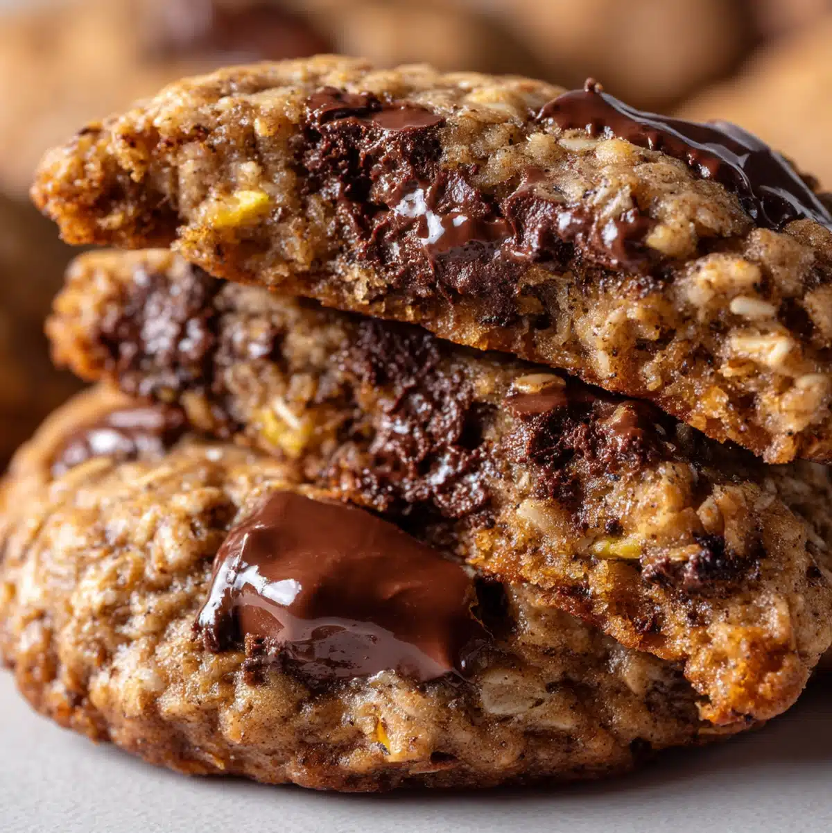 Close-up texture of banana chocolate chip oatmeal cookies showing melted chocolate chips