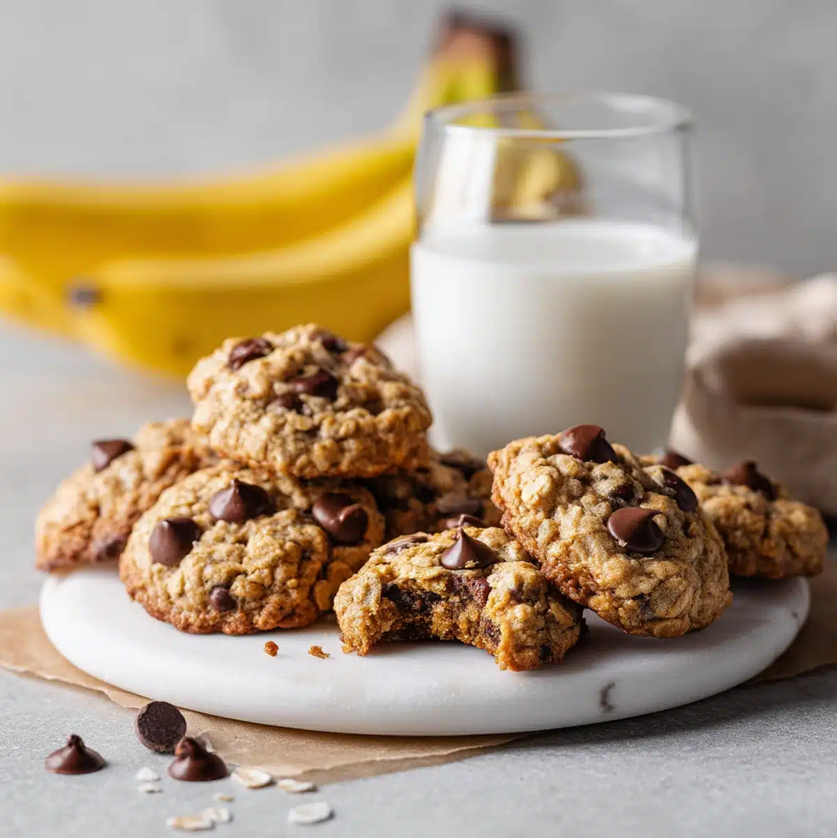 Plate of banana chocolate chip oatmeal cookies served with milk on a wooden table