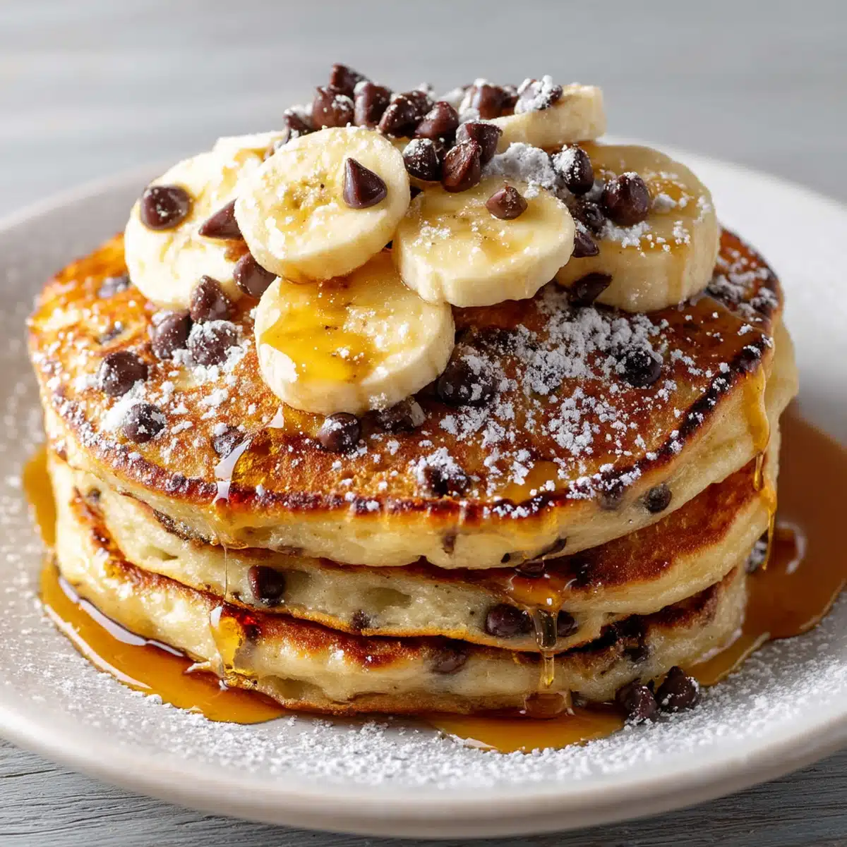 banana chocolate chip pancakes hero shot 45 degree angle on bright table