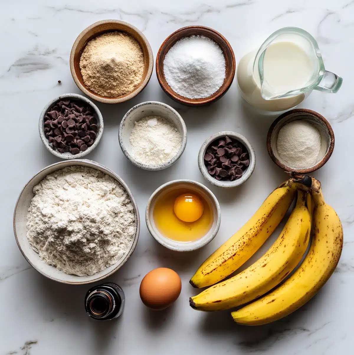 banana chocolate chip pancakes ingredients flat lay with ripe bananas and chocolate chips