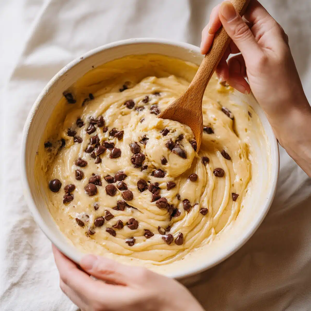 hands folding mashed banana into pancake batter for banana chocolate chip pancakes