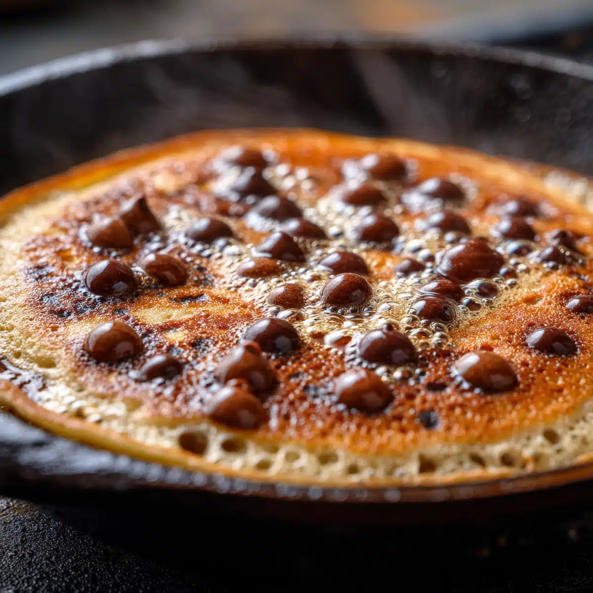 banana chocolate chip pancakes cooking on a griddle with bubbles forming on the surface