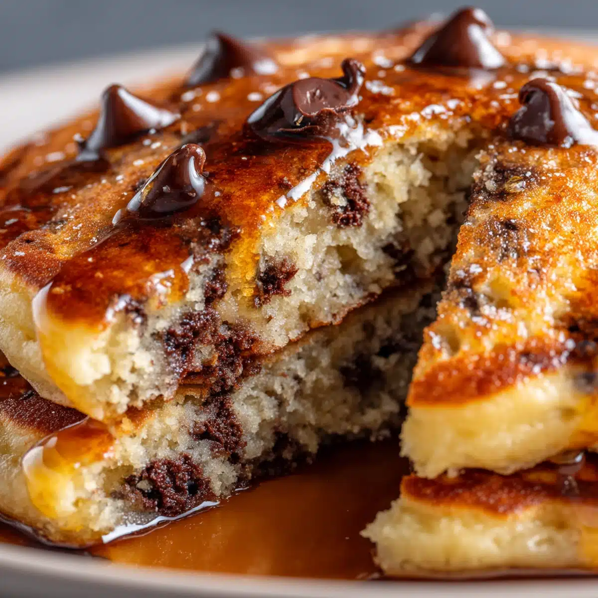 close up of fluffy banana chocolate chip pancakes interior crumb texture