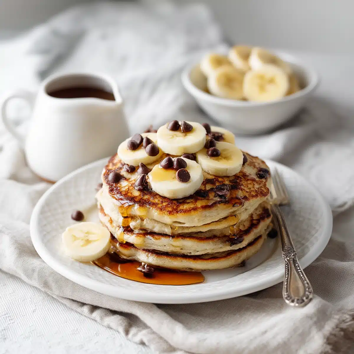 banana chocolate chip pancakes served on a plate with maple syrup and berries