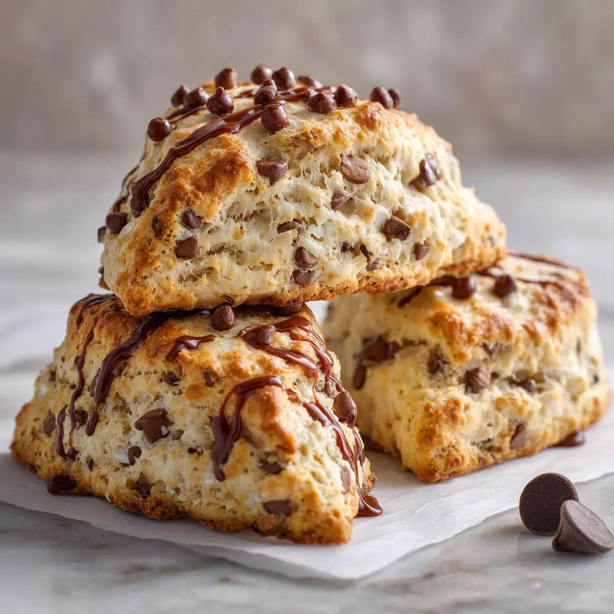 banana chocolate chip scones hero shot 45 degree angle on bright table