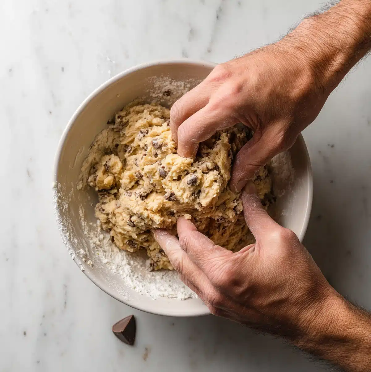 hands grating frozen butter into flour for banana chocolate chip scones