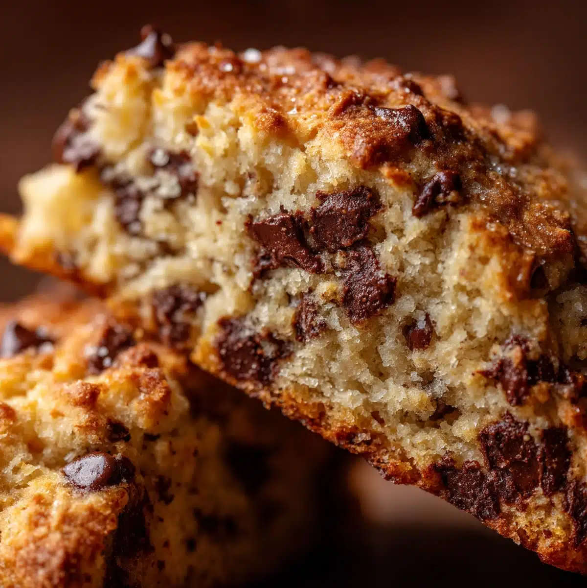 close up of flaky banana chocolate chip scones showing layers and melted chocolate