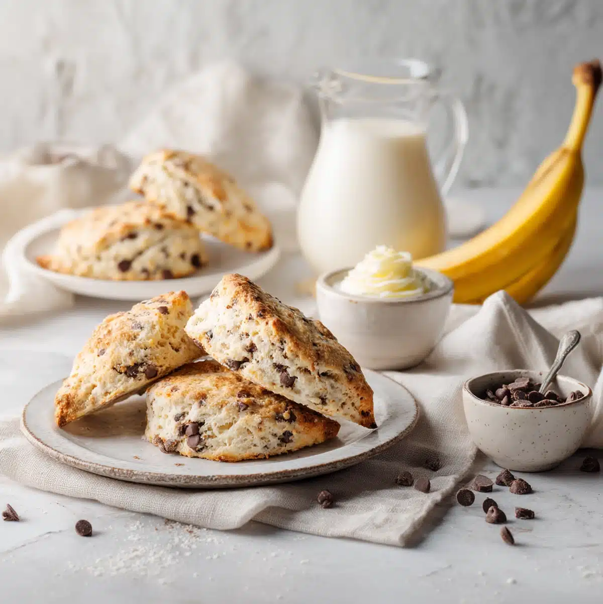 banana chocolate chip scones served on a plate with coffee for brunch