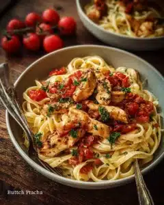 Chicken Pasta with Bruschetta served in a bowl