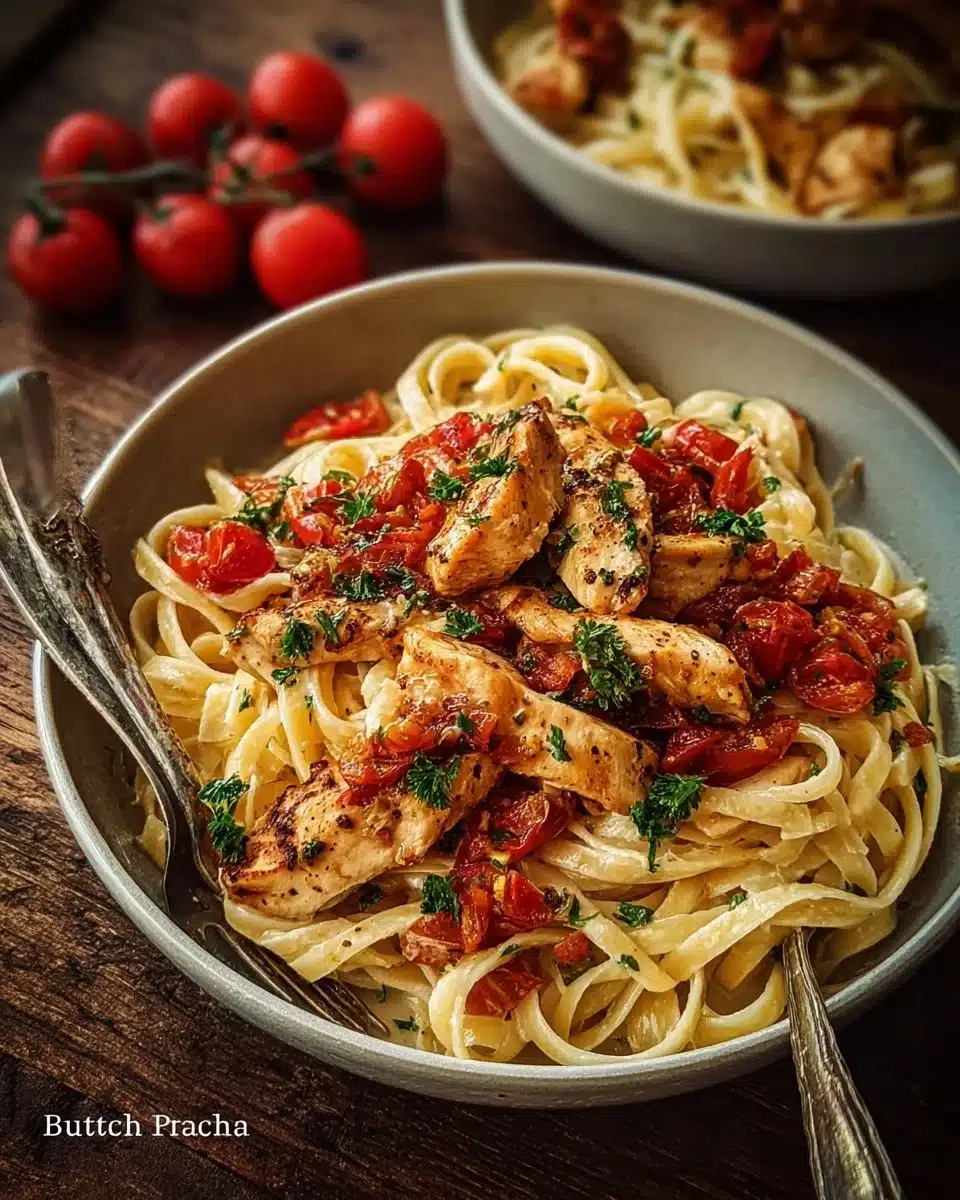 Chicken Pasta with Bruschetta served in a bowl