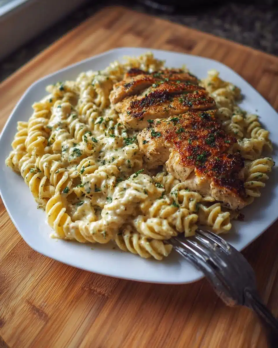 Creamy Garlic Parmesan Chicken Pasta Supreme with chicken, pasta, and sauce