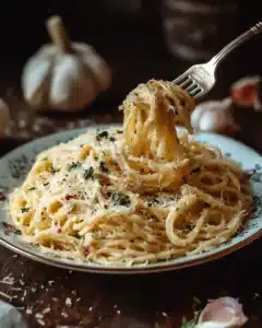 Bowl of creamy garlic parmesan spaghetti topped with parsley and cheese