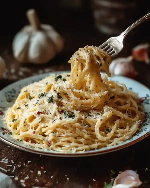 Bowl of creamy garlic parmesan spaghetti topped with parsley and cheese
