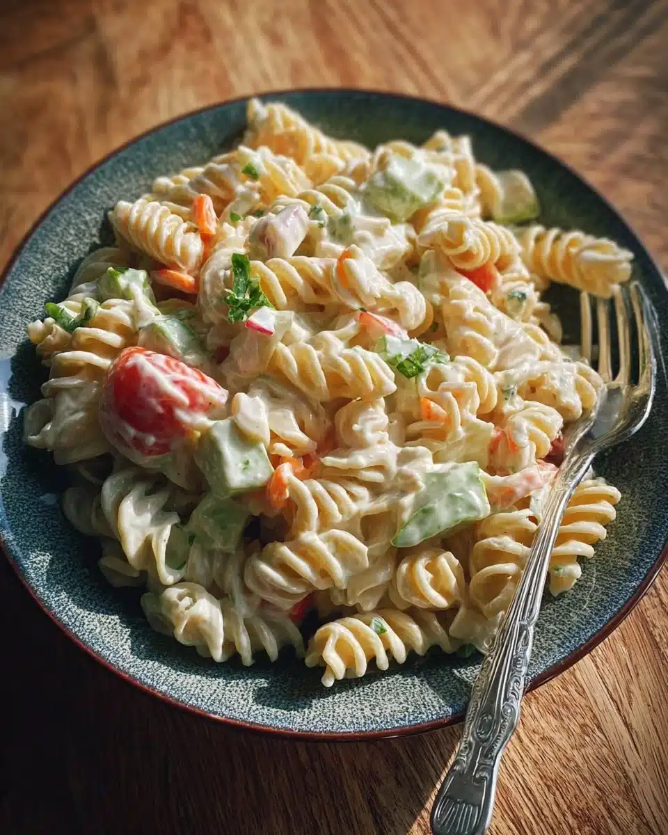 Creamy pasta salad in a bowl with colorful vegetables and dressing